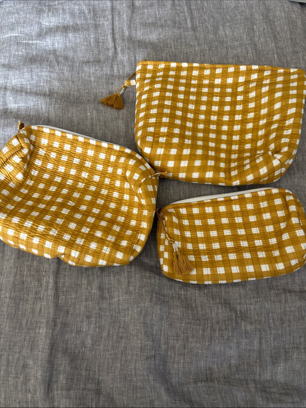 Mustard Yellow Gingham Cosmetics Bags Set of 3